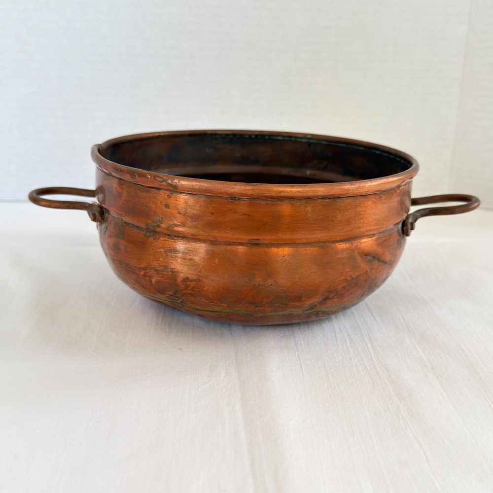 7" Solid Copper Pot with Riveted Side Loop Handles Rolled Edge Farmhouse Holland